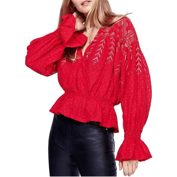 Free People Counting Stars Peasant Blouse Medium Red Gold Boho Festival Holiday - Picture 1 of 16